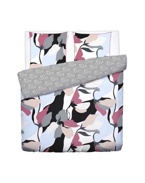 Housse de couette + 2 taies d'oreiller en satin de coton Poésie florale bleu clair