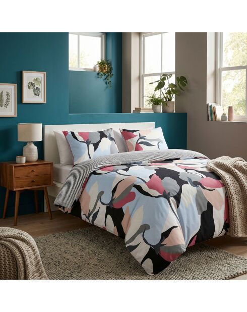 Housse de couette + 2 taies d'oreiller en satin de coton Poésie florale bleu clair