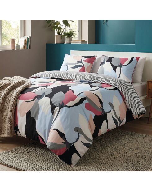 Housse de couette + 2 taies d'oreiller en satin de coton Poésie florale bleu clair