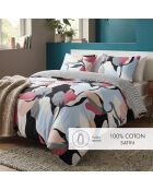 Housse de couette + 2 taies d'oreiller en satin de coton Poésie florale bleu clair