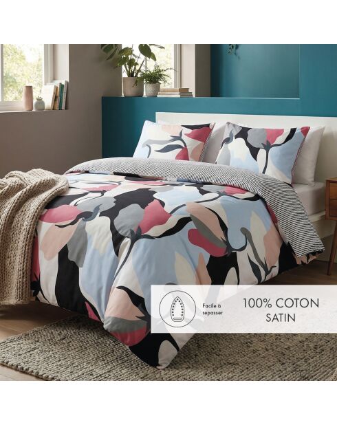 Housse de couette + 2 taies d'oreiller en satin de coton Poésie florale bleu clair