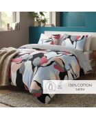 Housse de couette + 2 taies d'oreiller en satin de coton Poésie florale bleu clair