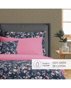 Bettlaken aus Baumwollsatin mit Blumenmuster, 240 x 300 cm, Dunkelblau