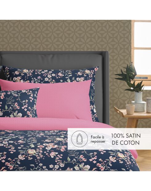 Bettlaken aus Baumwollsatin mit Blumenmuster, 240 x 300 cm, Dunkelblau