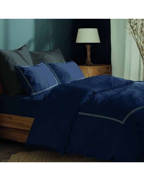 Housse de couette + 2 taies d'oreiller 63x63 satin de coton Annecy blanc/bleu foncé
