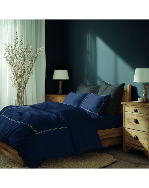 Housse de couette + 2 taies d'oreiller 63x63 satin de coton Annecy blanc/bleu foncé