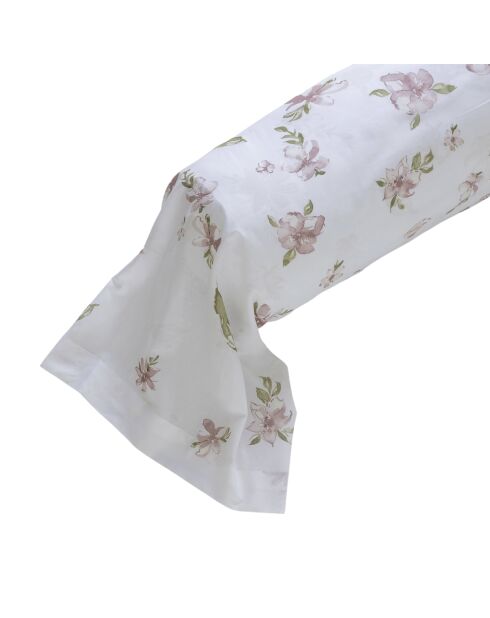 Taie de traversin motif floral blanche à fleurs roses - 86x185cm