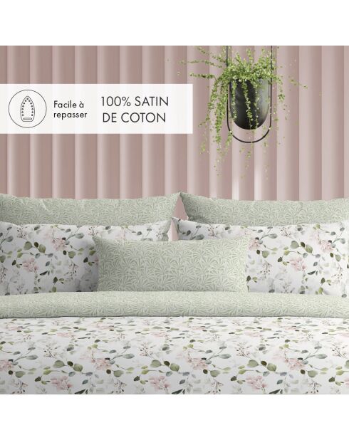 Maxi-lakenset vierkant kussensloop van katoensatijn Eclat d'eucalyptus blanc