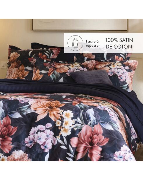Housse de couette + taie d'oreiller en satin de coton Eclat de caramel bleu foncé - 140x200 cm