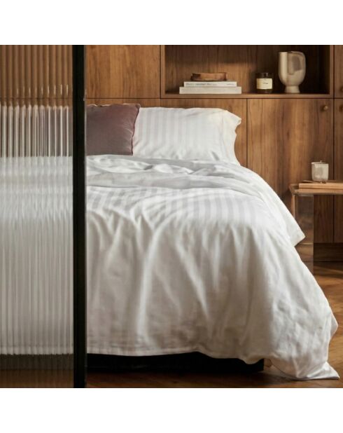 Drap plat en satin de coton rayure tissé dobby Jacquard blanc