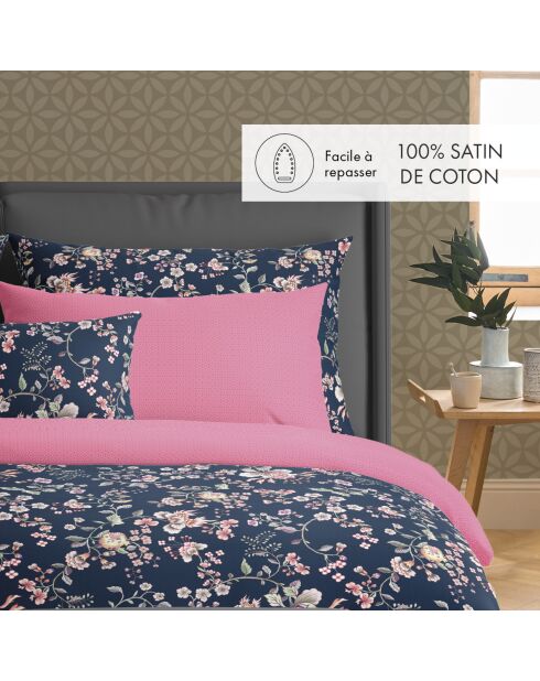 Donkerblauw/roze fluisterend katoenen satijnen dekbedovertrek met bloemen en kussensloop - 140x200 cm