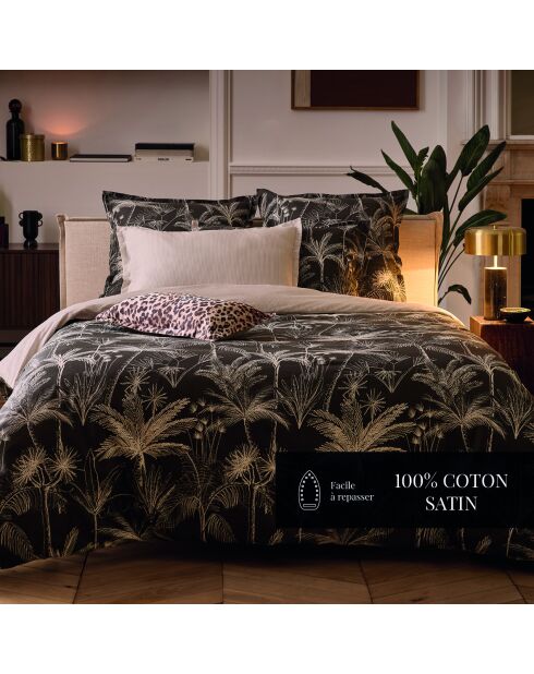 Housse de couette + taie d'oreiller 63x63 satin de coton Wild noires - 140x200 cm