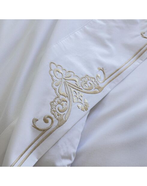 Drap plat en percale de coton brodée blanc - 270x310 cm