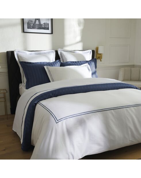 Drap plat en satin de coton Nice bleu foncé/blanc