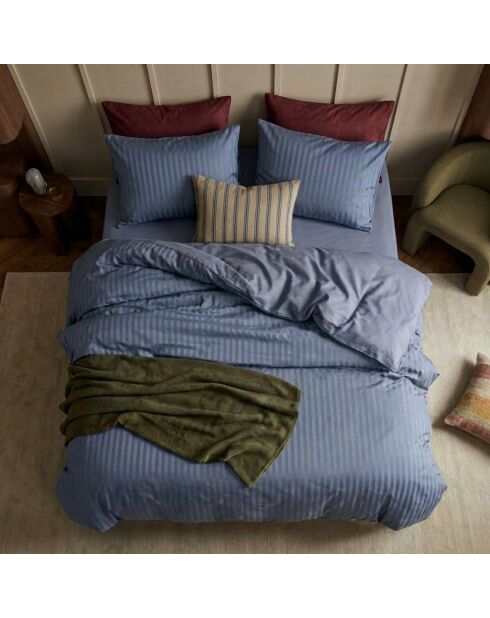 Housse de couette + taie d'oreiller en satin de coton rayure tissé dobby Jacquard bleues - 140x200 cm