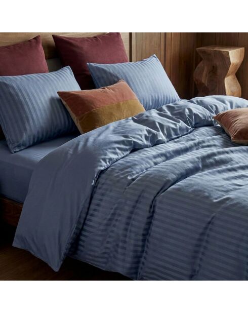 Housse de couette + taie d'oreiller en satin de coton rayure tissé dobby Jacquard bleues - 140x200 cm