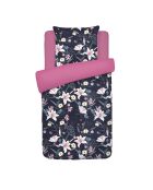 Donkerblauw/roze dreamy garden katoenen satijnen dekbedovertrek + kussensloop - 140x200 cm
