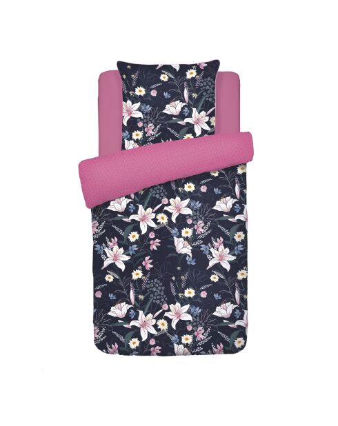 Donkerblauw/roze dreamy garden katoenen satijnen dekbedovertrek + kussensloop - 140x200 cm