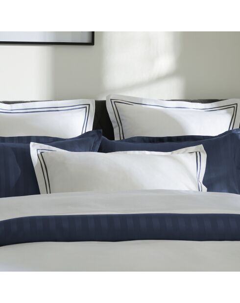 Housse de couette + 2 taies d'oreiller en satin de coton Nice bleu foncé/blanc