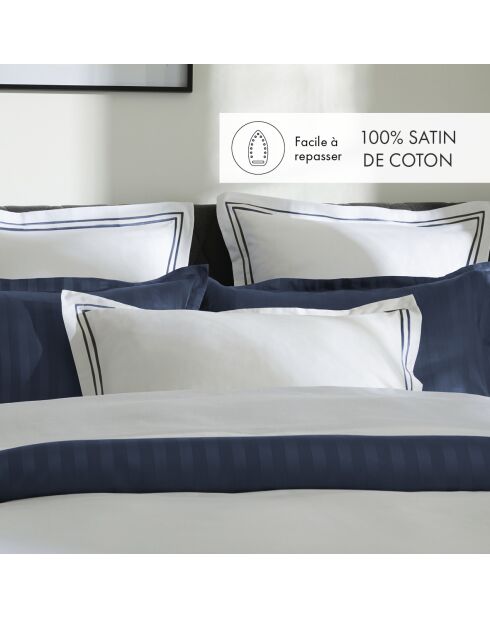 Housse de couette + 2 taies d'oreiller en satin de coton Nice bleu foncé/blanc