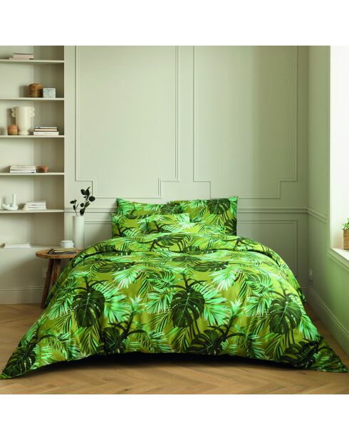 Housse de couette + 2 taies d'oreiller en satin de coton Tropical vert clair