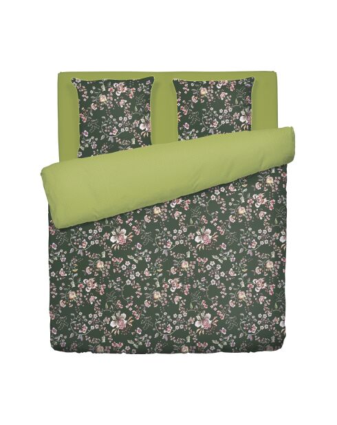 Housse de couette + 2 taies d'oreiller en satin de coton Murmure floral vertes - 260x240 cm