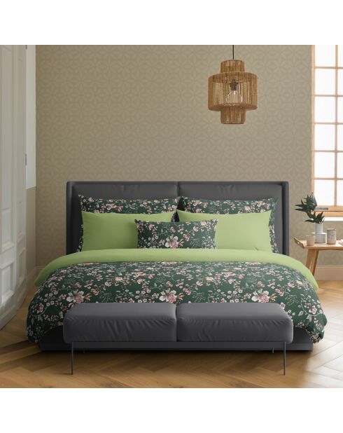 Housse de couette + 2 taies d'oreiller en satin de coton Murmure floral vertes - 260x240 cm