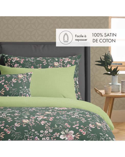 Housse de couette + 2 taies d'oreiller en satin de coton Murmure floral vertes - 260x240 cm