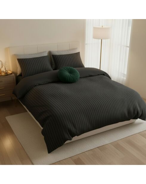 Housse de couette + taie d'oreiller 80x80 satin de coton rayure tissé dobby Jacquard gris 03 - 135x200 cm