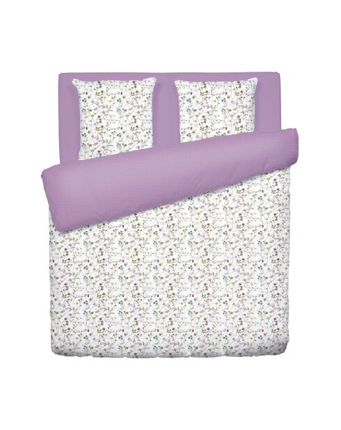 Housse de couette + 2 taies d'oreiller en satin de coton Fleurs sauvages blanc/violet
