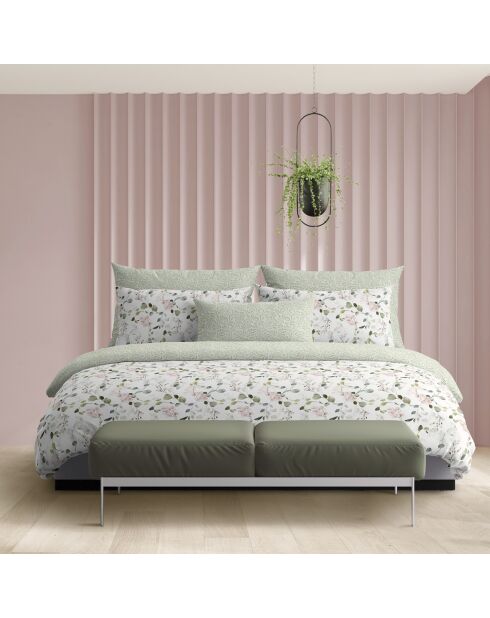 Drap plat en satin de coton Feuilles de coeur vert