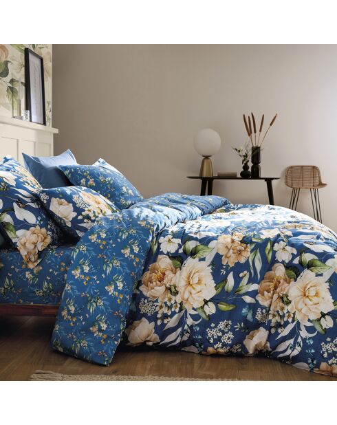 Jardin de Fleurs laken van blauwe katoensatijn - 260x290 cm