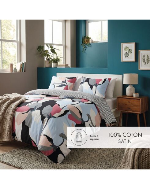 Funda de almohada de satén de algodón con poesía floral blanca y negra, 2 veces (50 x 70 cm)