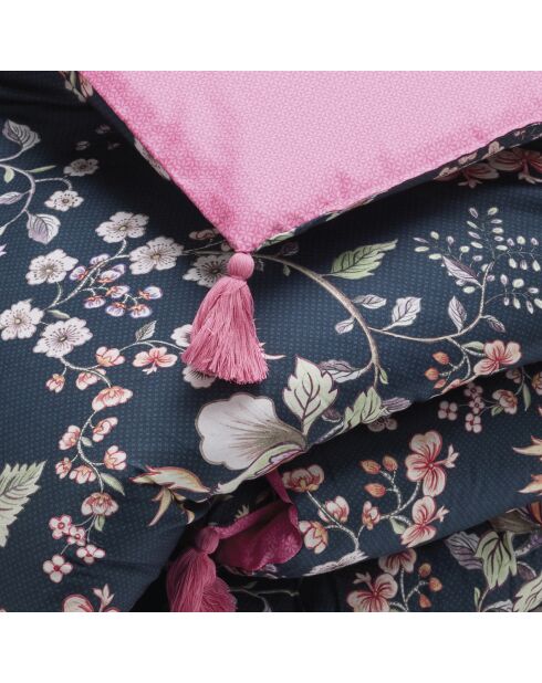 Quilt mit Quasten Whisper Floral dunkelblau/rosa - 140x200 cm
