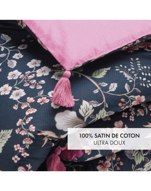 Quilt mit Quasten Whisper Floral dunkelblau/rosa - 140x200 cm