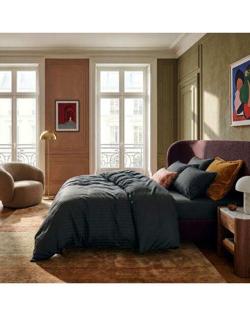 Set de 2 taies d'oreiller en satin de coton rayure tissé dobby Jacquard noir - 2x(50x70 cm)