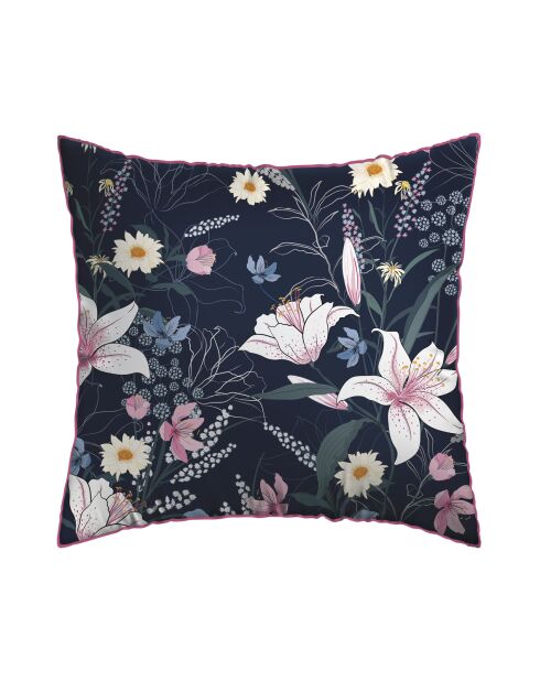 Set de 2 taies d'oreiller en satin de coton Jardin rêveur bleu foncé/rose - 2x(63x63 cm)
