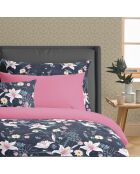 Set de 2 taies d'oreiller en satin de coton Jardin rêveur bleu foncé/rose - 2x(63x63 cm)