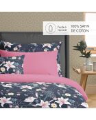 Set de 2 taies d'oreiller en satin de coton Jardin rêveur bleu foncé/rose - 2x(63x63 cm)