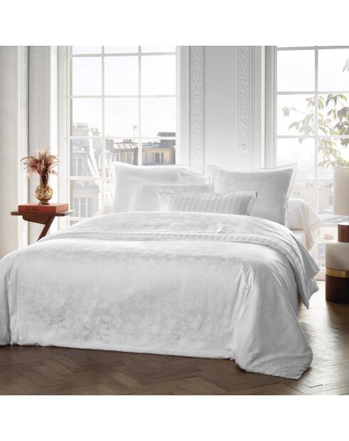 Housse de couette + 2 taies d'oreiller en satin de coton tissé Jacquard Jacquard blanches