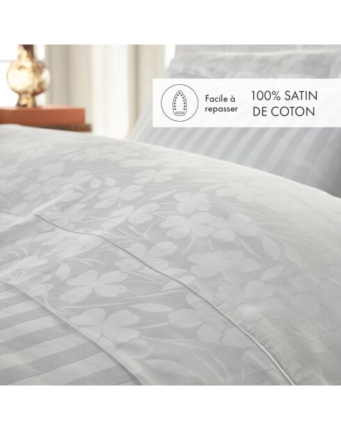Housse de couette + 2 taies d'oreiller en satin de coton tissé Jacquard Jacquard blanches