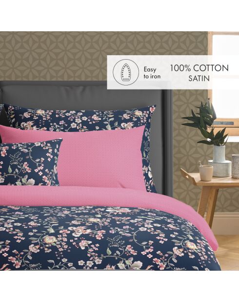 Set de 2 taies d'oreiller en satin de coton Murmure floral bleu foncé/rose - 2x(50x70 cm)
