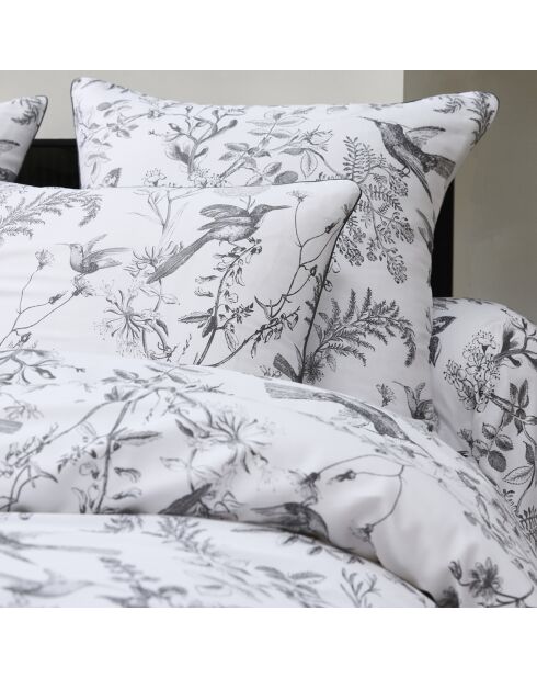 Drap plat en satin de coton Colibri botanique noir gris - 240x300 cm