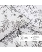 Drap plat en satin de coton Colibri botanique noir gris - 240x300 cm