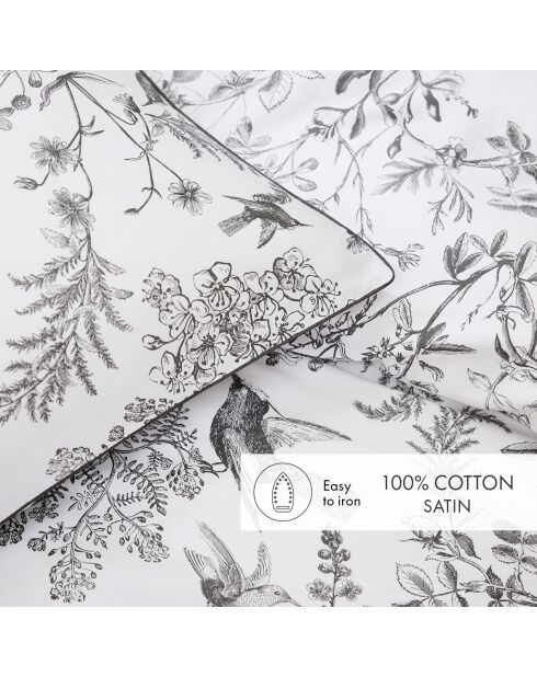Drap plat en satin de coton Colibri botanique noir gris - 240x300 cm