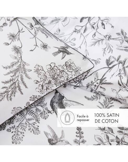 Drap plat en satin de coton Colibri botanique noir gris - 240x300 cm