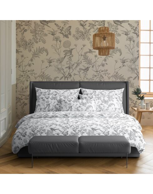 Set de 2 taies d'oreiller en satin de coton Colibri botanique noir gris - 2x(50x70 cm)