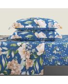 Bettwäscheset rechteckiger Kissenbezug aus Baumwollsatin Jardin de Fleurs blau - 180x200 cm
