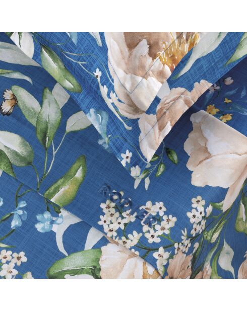 Bettwäscheset rechteckiger Kissenbezug aus Baumwollsatin Jardin de Fleurs blau - 180x200 cm