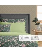 Drap plat en satin de coton Murmure floral vert - 240x300 cm
